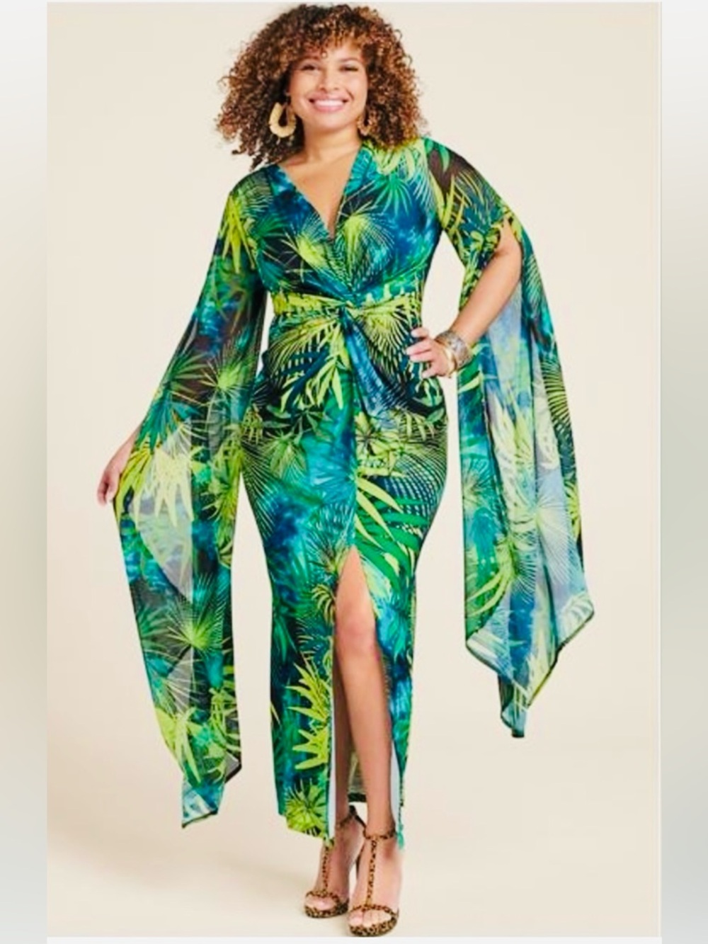 VENUS Plus Tropical Palm Print Flowy Sleeves Maxi Dress🌴 - Picture 6 of 10